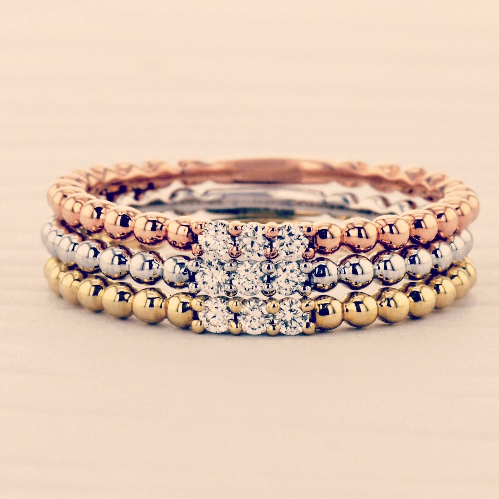 14k Gold Three-Tone .18ct Diamond Stackable Rings
