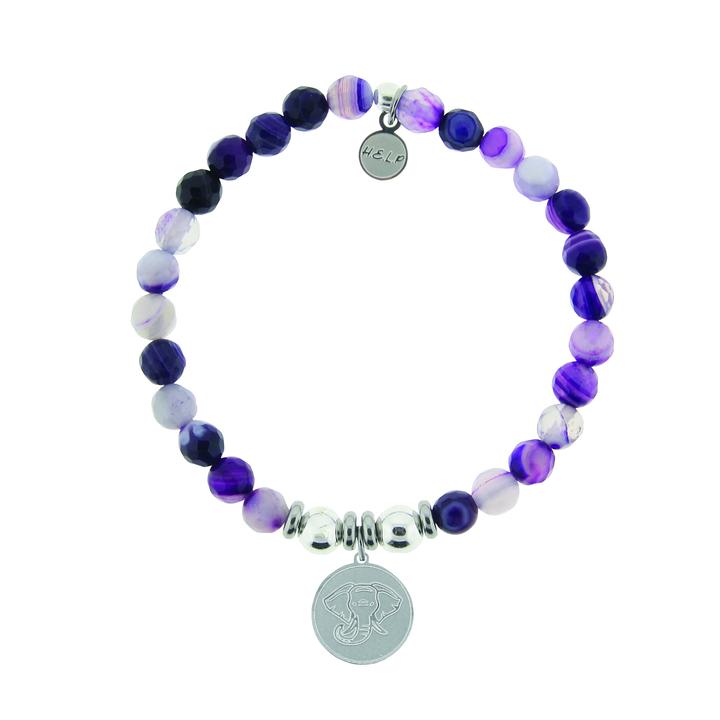 T. Jazelle Help Silver Lucky Elephant Purple Stripe Agate Stone Bracelet